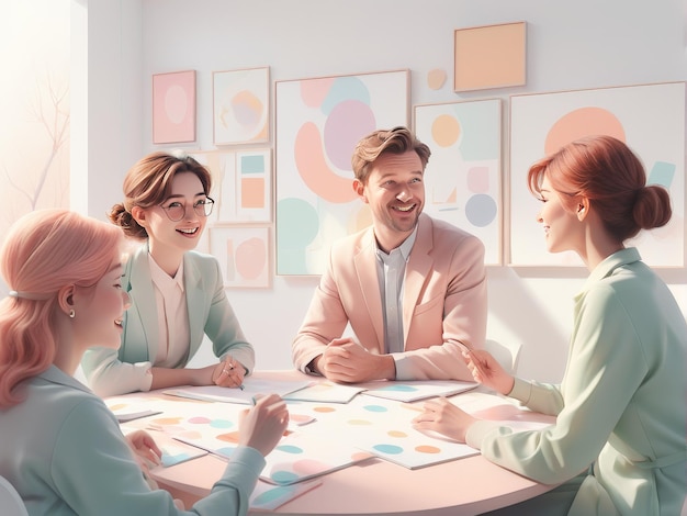 Team discussion in soft pastel